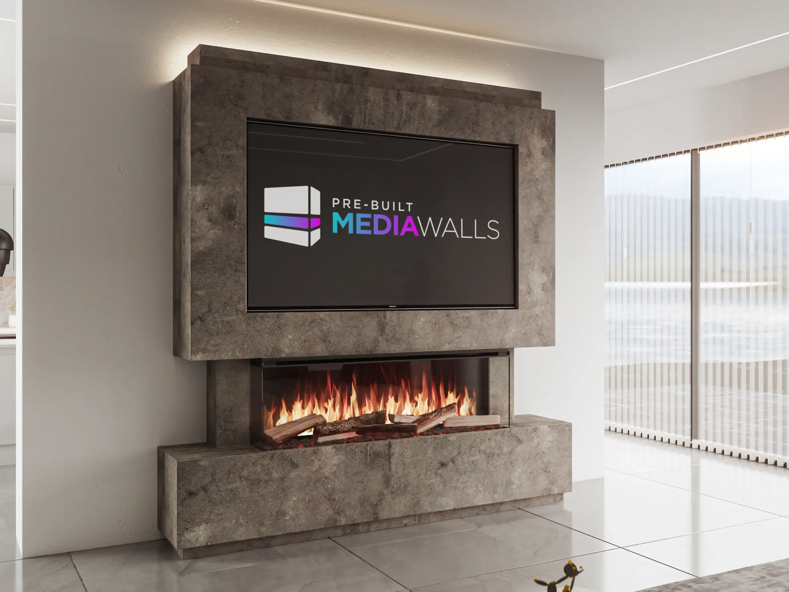 Solare Ultima Media Wall With Panoramic Fire | Pre-Built Media Walls